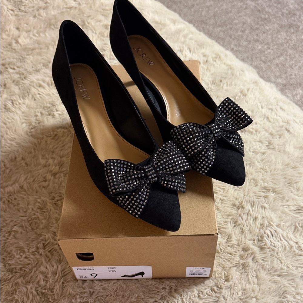 J.Crew Crystal Bow Kitten Heels Black Size 9